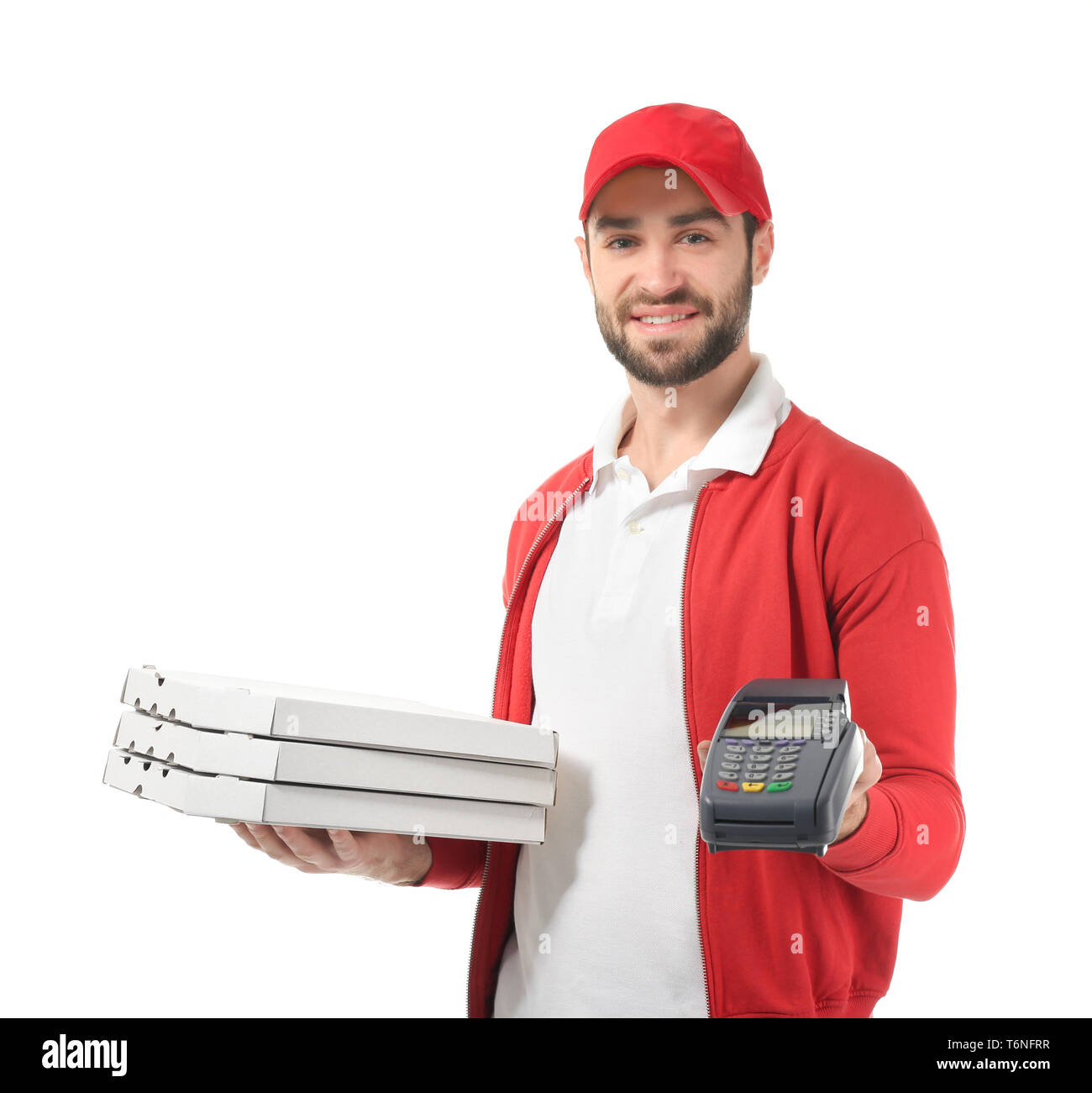 Delivery man with cardboard pizza boxes and payment terminal on white background Stock Photo Alamy