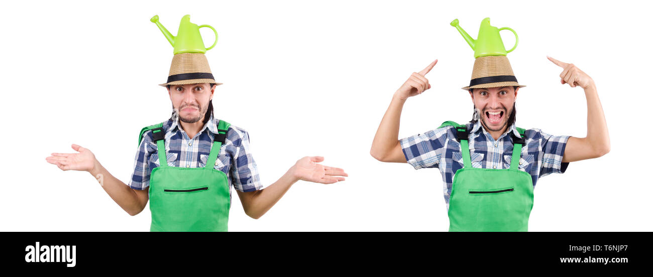 Funny gardener with watering can isolated on white Stock Photo - Alamy
