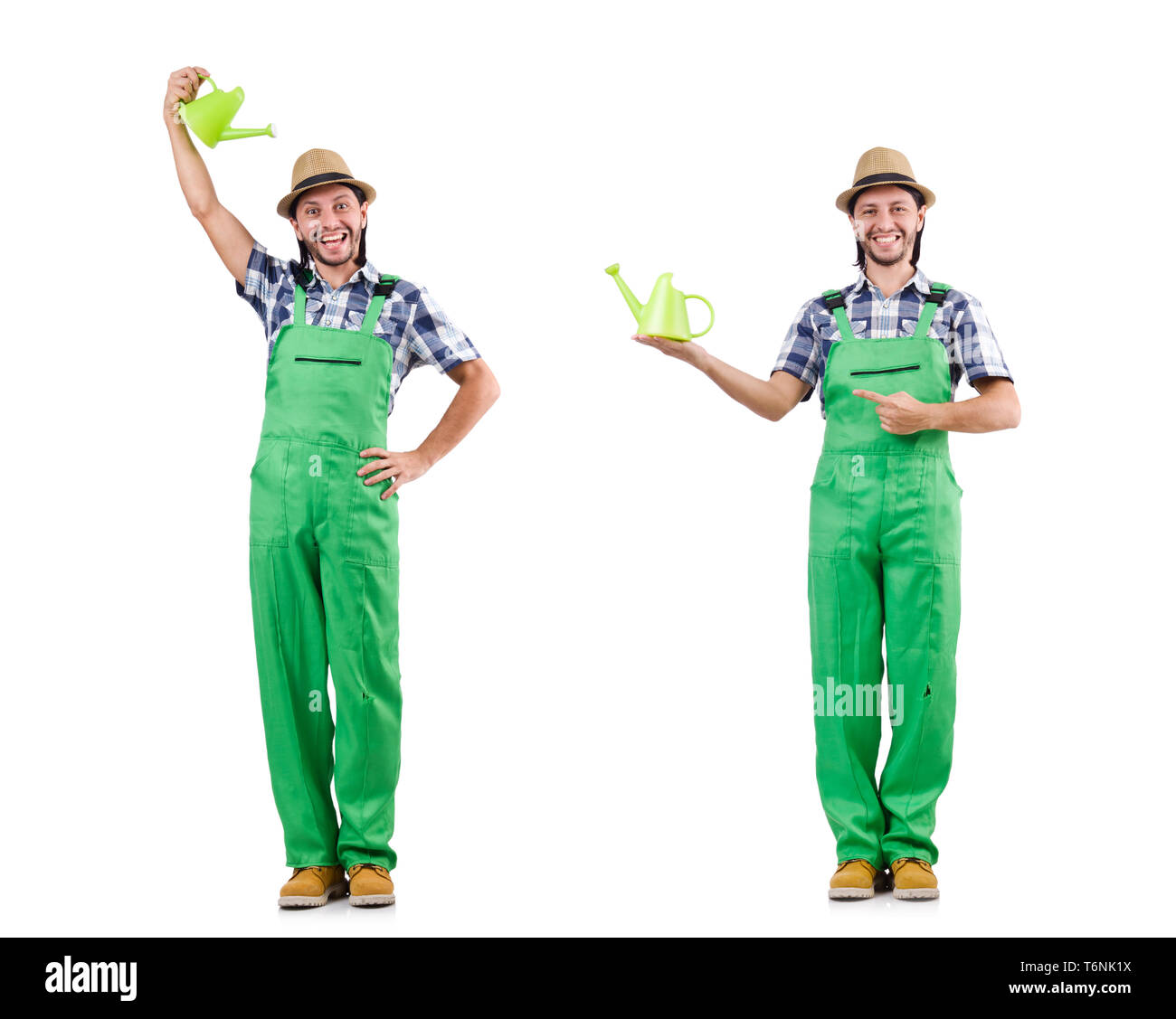 Young cheerful gardener with watering can isolated on white Stock Photo ...