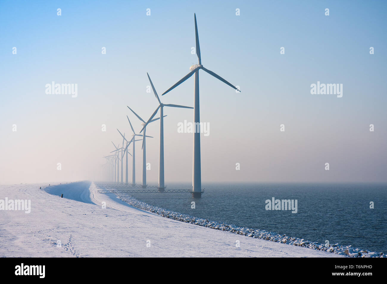 Row of Dutch windmills disappearing in winter haze Stock Photo