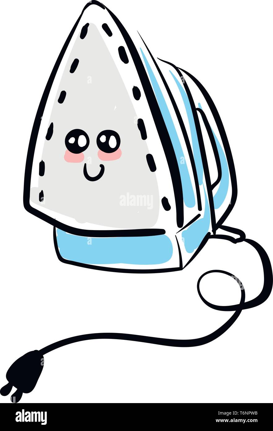 Emoji of a blue iron box equipped with a black plug is smiling while