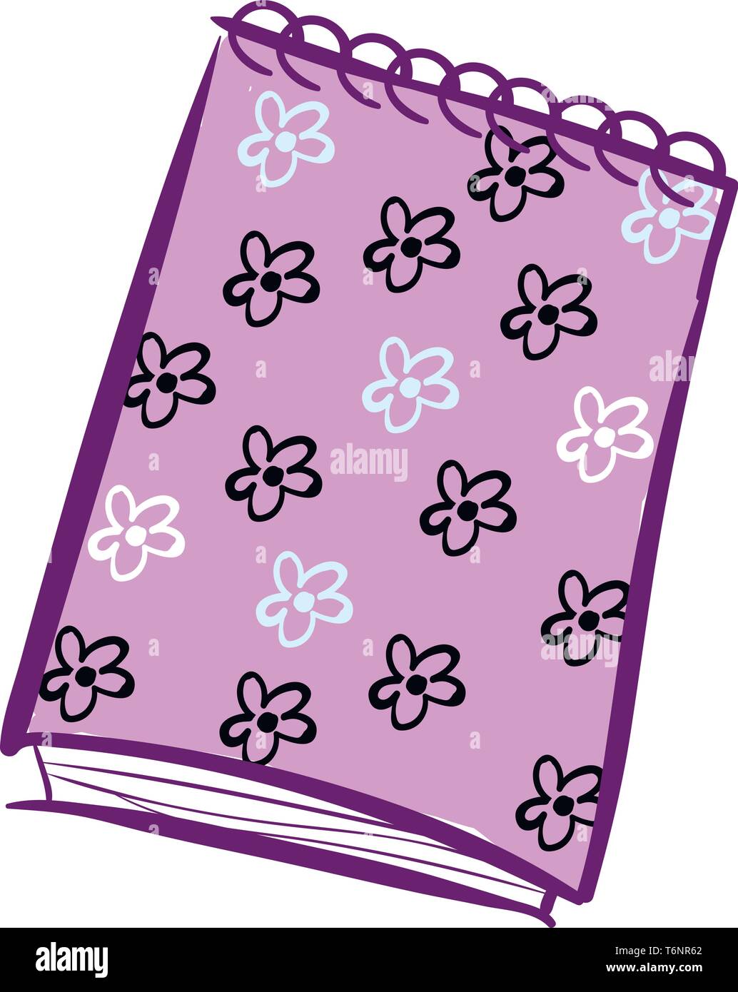 Painting of a purple-colored wire-bound blue notebook printed with floral designs lies on the surface as turned to its left side  vector  color drawin Stock Vector