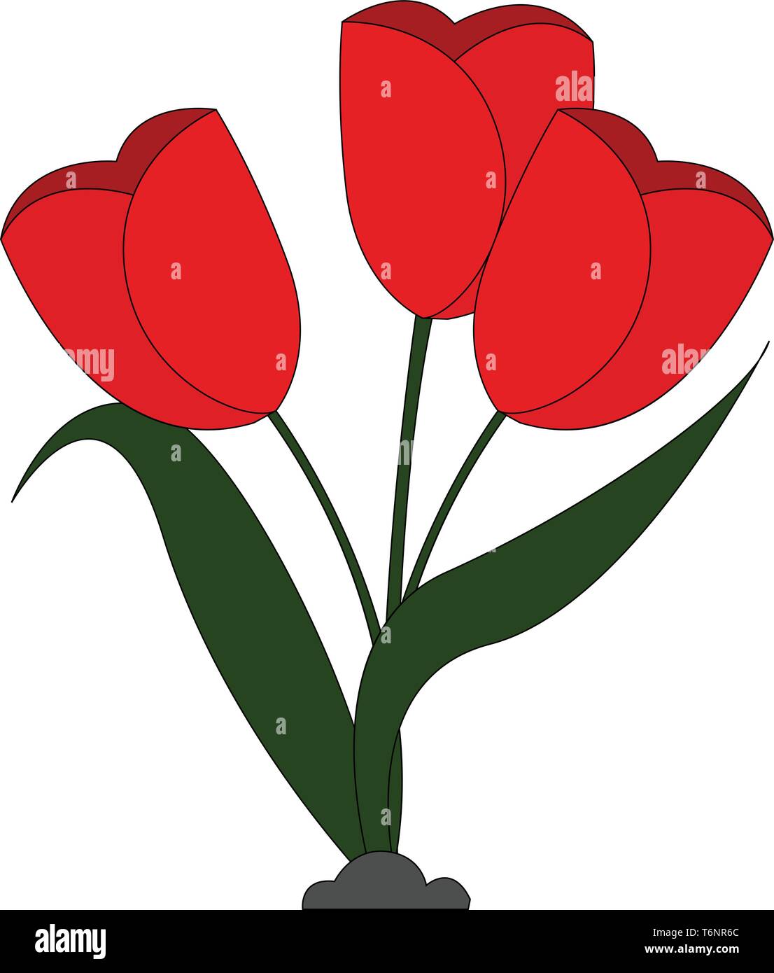 Clipart of beautiful red flowers with elongated green leaves grown above the soil  vector  color drawing or illustration Stock Vector