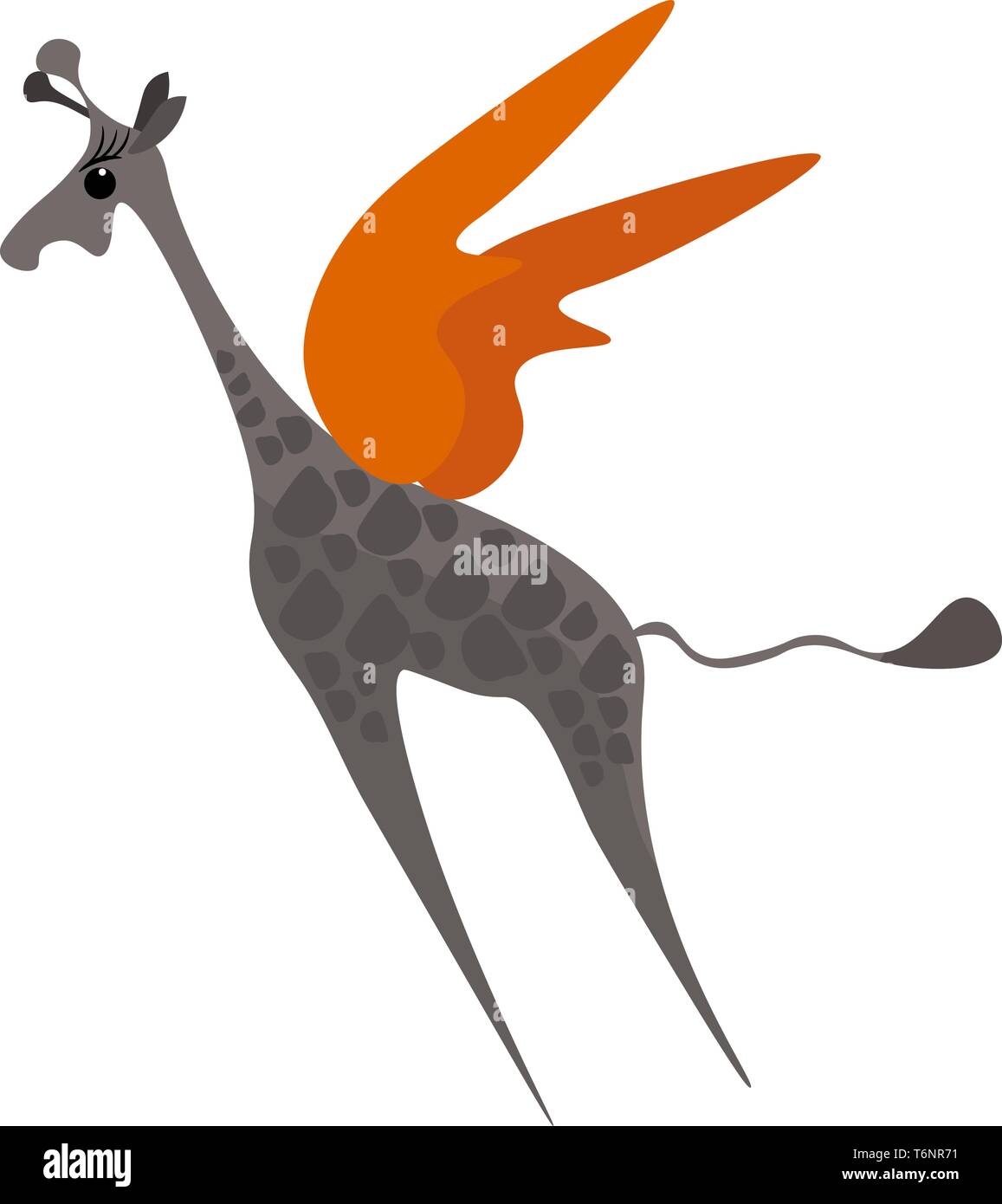 Painting of a brown giraffe with patches on its body is flying high with the help of its orange wings looks funny.  vector  color drawing or illustrat Stock Vector