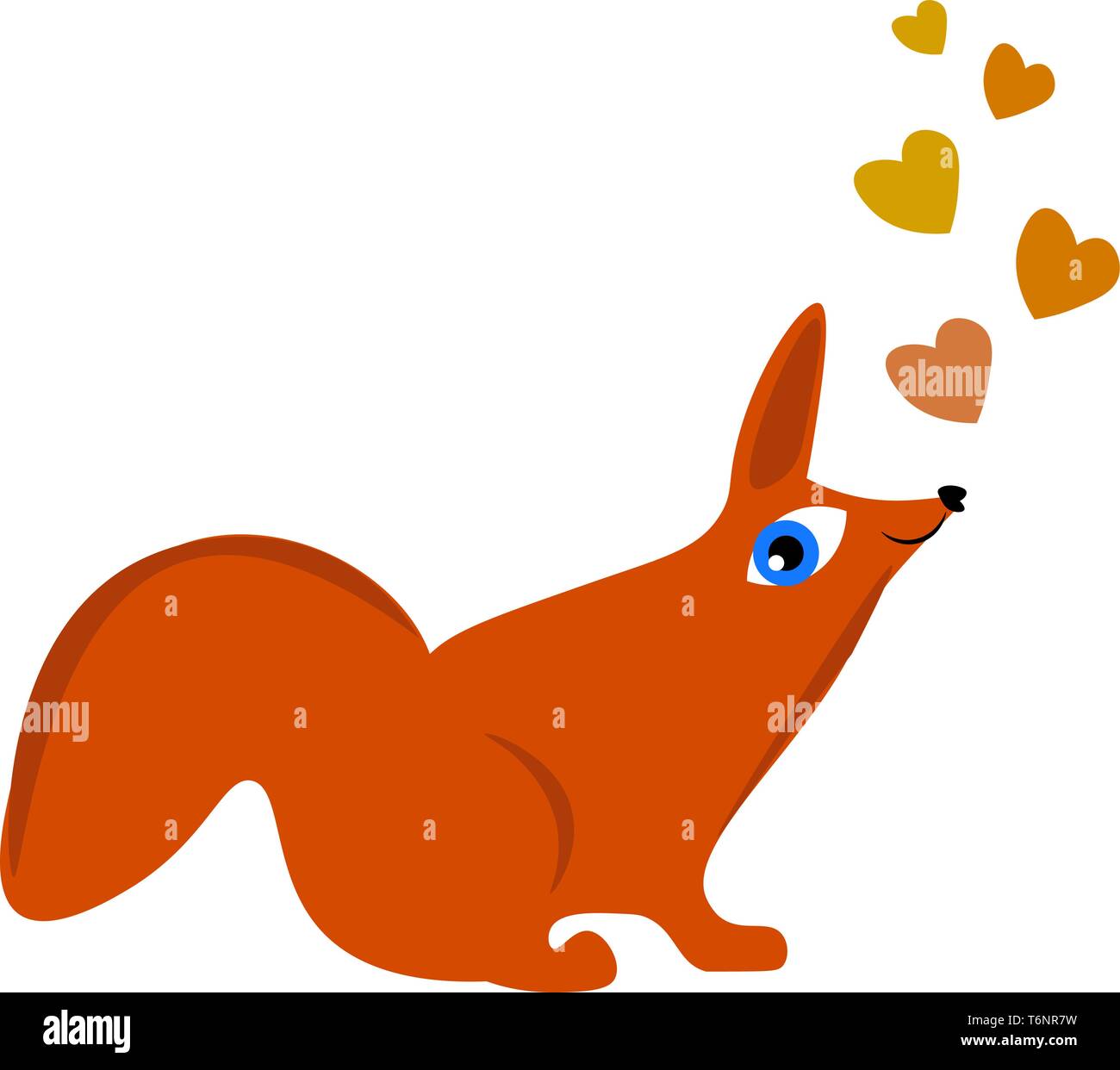 Cartoon orange fox admiring the drifting colorful hearts above its head in a seated position  vector  color drawing or illustration Stock Vector