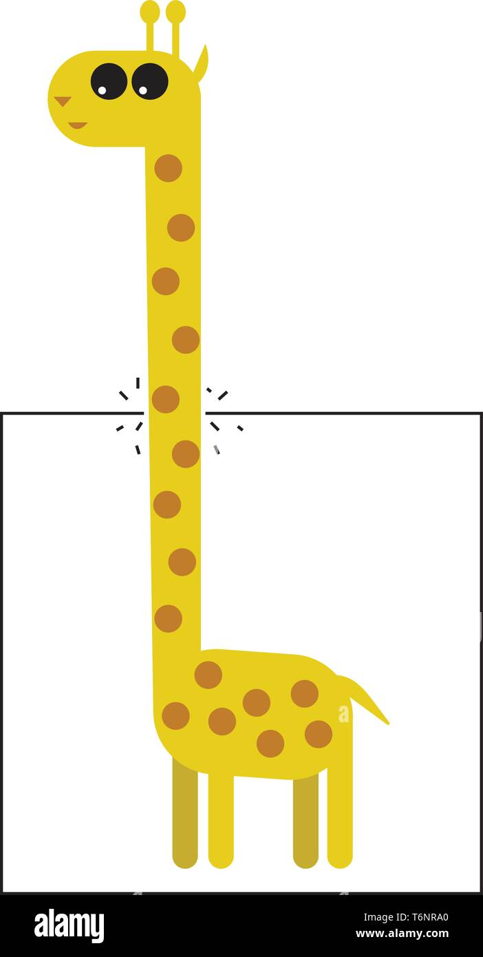 A yellow-colored giraffe with a short tail  two horns  very long neck and forelegs  having a coat patterned with brown patches.  vector  color drawing Stock Vector