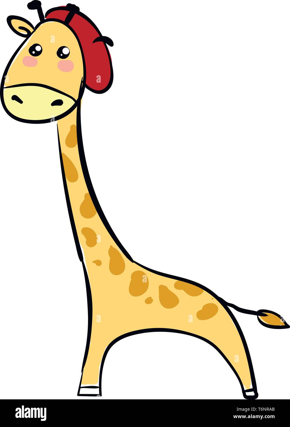 Cartoon yellow-colored giraffe in a red hat is with a short tail  two horns  very long neck and forelegs  having a coat with brown patches  looks funn Stock Vector