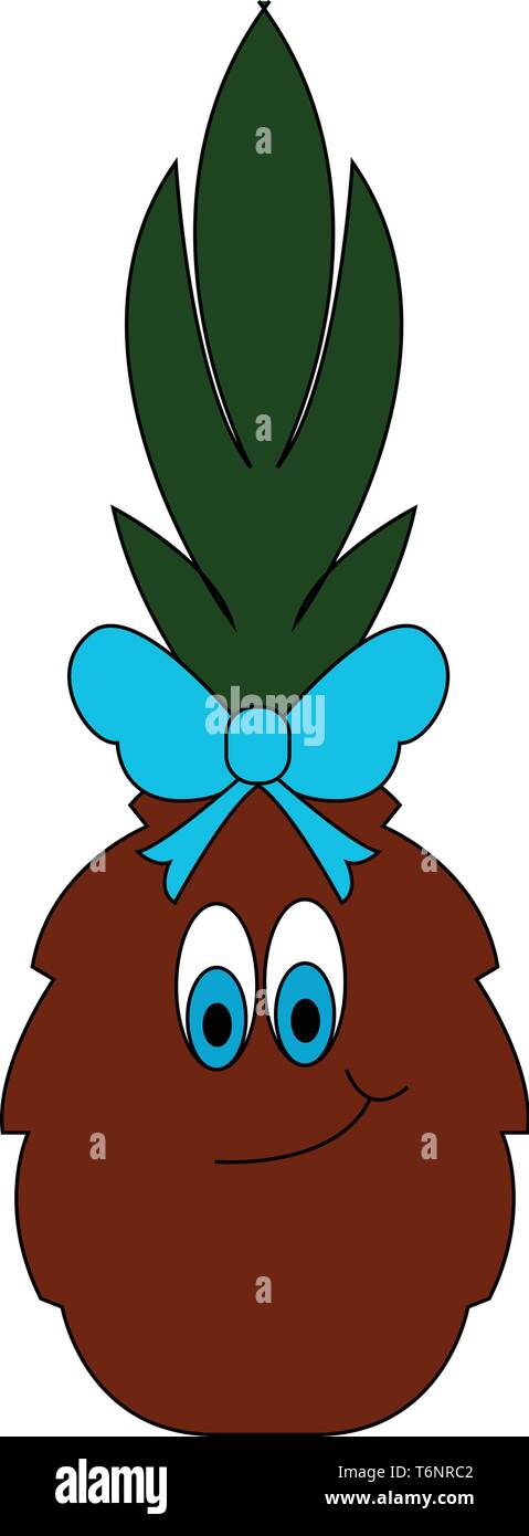 Emoji of a girl pineapple in a blue bow-like ribbon around its neck  topped with green leaves and blue eyes rolled down and has a smirk expression on  Stock Vector