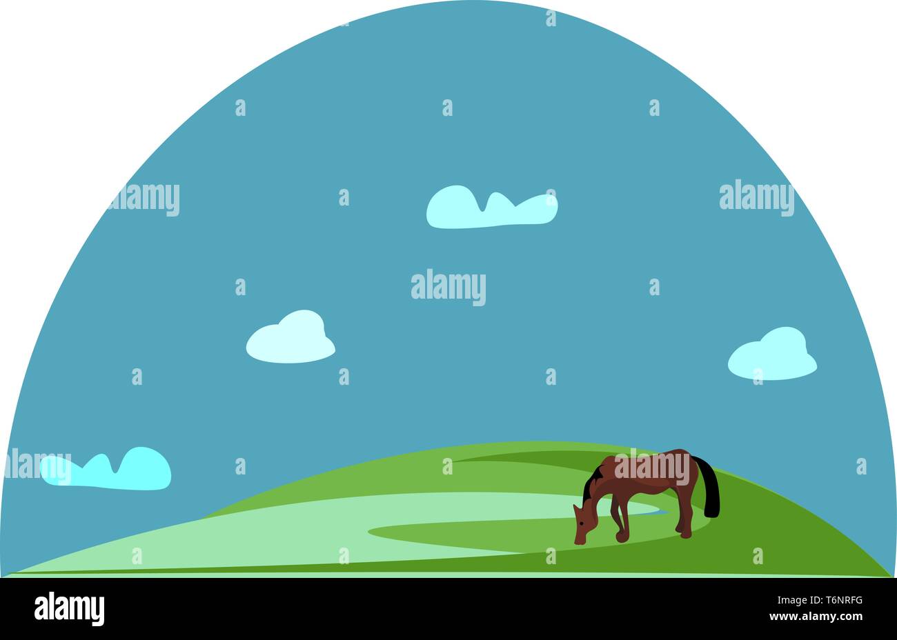 Portrait of a grazing brown horse in green grasslands and a clear blue sky with few clouds complete the background  vector  color drawing or illustrat Stock Vector