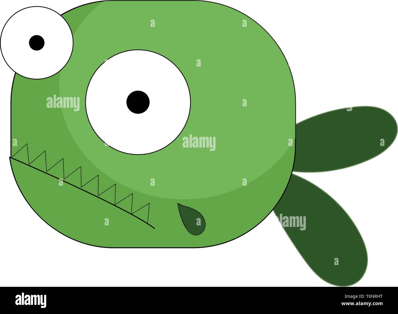 Cartoon green fish with two bulging eyes  forked tail has spike-like teeth projecting outward  vector  color drawing or illustration Stock Vector