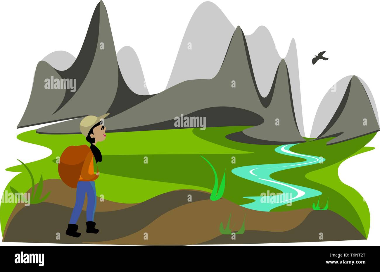 Portrait of a lady hiker in an orange shirt and blue pant wears a big brown backpack is admiring the scenery while walking near the mountains  vector  Stock Vector