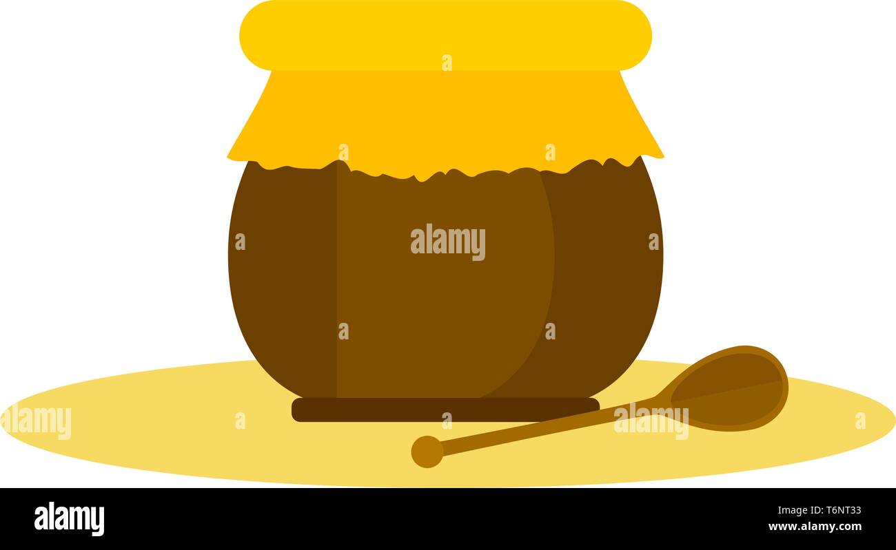 Clipart of honey overflowing through the brown jar and a honey stick lying closer  vector  color drawing or illustration Stock Vector