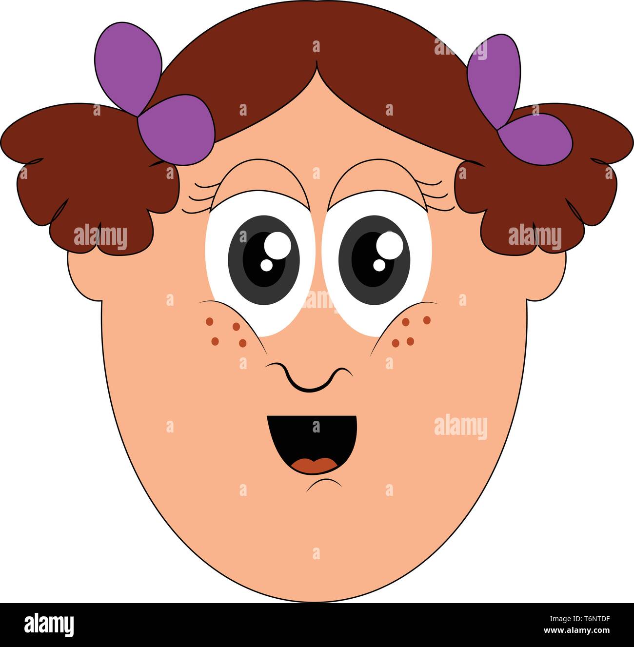 Portrait of a happy little girl's face with two ponytails tied up together with purple ribbons and red tongue exposed while mouth wide opened  vector  Stock Vector