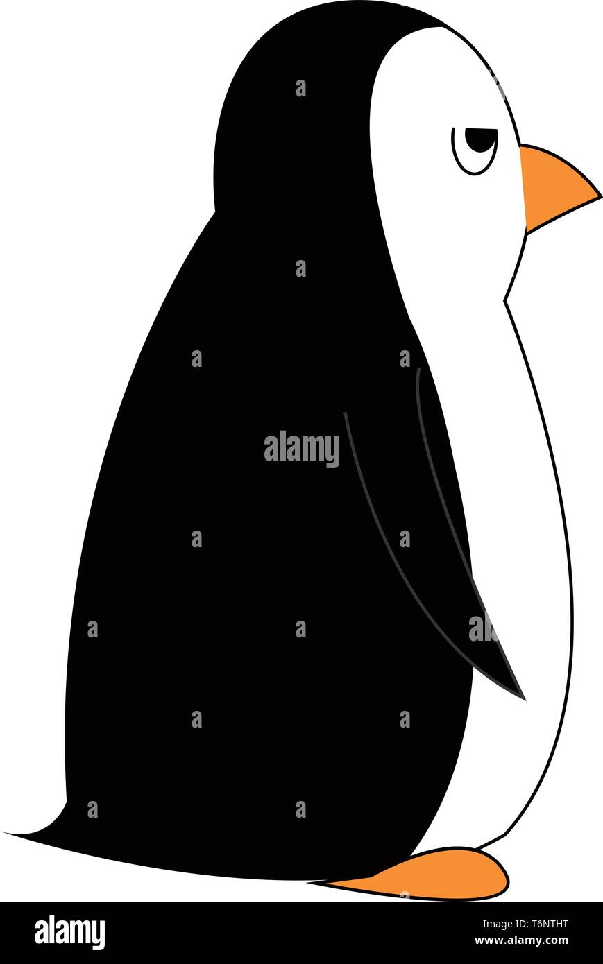 Cartoon picture of a crazy penguin with black upperparts and white underparts and wings  beak and feet both in orange color  eyes rolled up  expresses Stock Vector