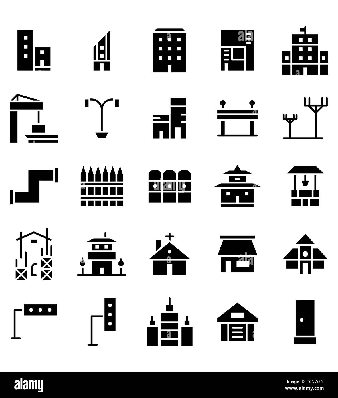 Set of Building and real estate city Black Glyph vector illustration ...
