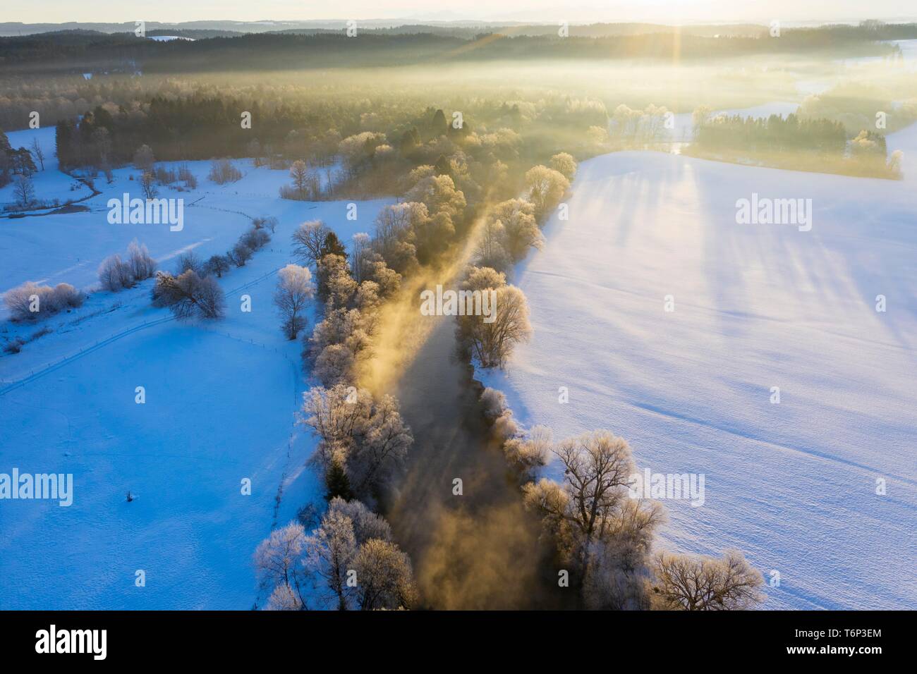 Loisach in winter, trees with hoarfrost at sunrise, Eurasburg, Tolzer Land, drone shot, Upper Bavaria, Bavaria, Germany Stock Photo