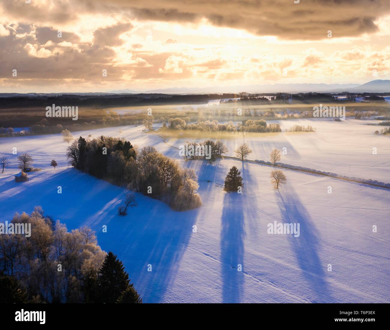 Winter landscape with hoarfrost at sunrise, Eurasburg, Tolzer Land, drone shot, Upper Bavaria, Bavaria, Germany Stock Photo