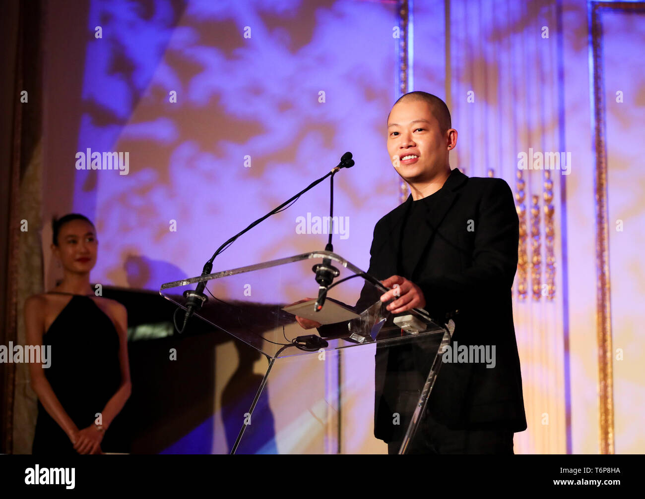 New York, USA. 1st May, 2019. Designer Jason Wu speaks during the China Fashion Gala in New York, the United States, May 1, 2019. Outstanding Chinese fashion icons and brands were honored at the fourth China Fashion Gala here Wednesday night for their efforts to help position China at the forefront of the global fashion industry. Credit: Wang Ying/Xinhua/Alamy Live News Stock Photo