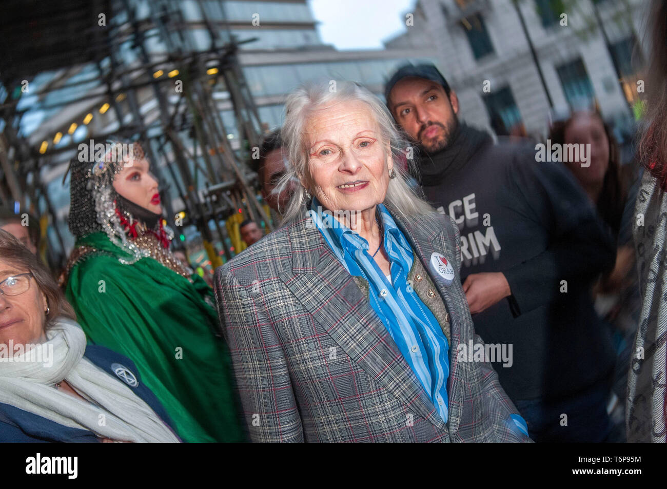 London, UK. 01st May, 2019. Fashion designer and activist Vivienne Westwood at the  Extinction Rebellion 'Carn-evil of Chaos' Fashion Parade at the Brazillian Embassy to show solidarity with the people of Brazil and their eco system. Stock Photo