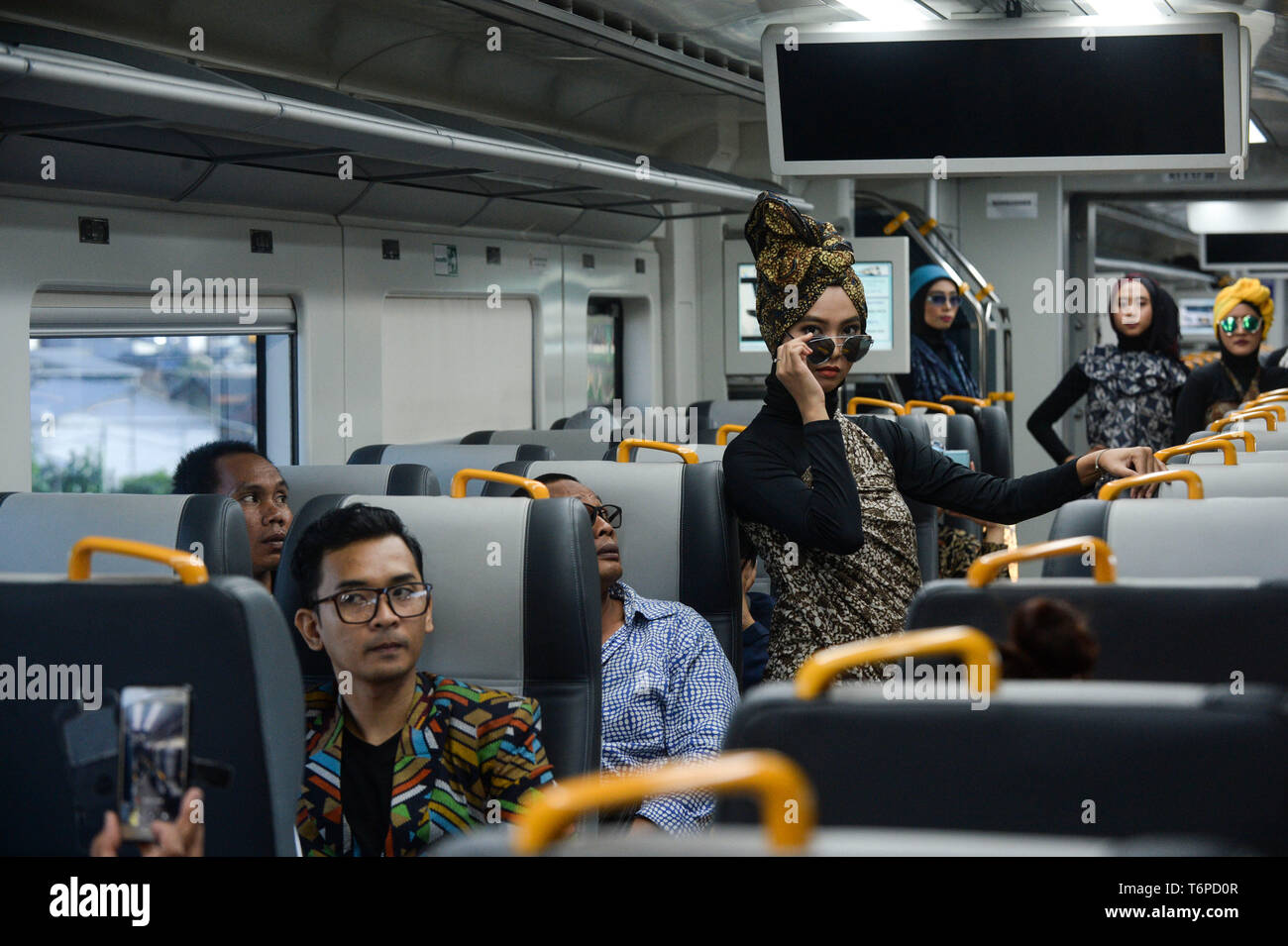 Jakarta, Indonesia. 2nd May, 2019. Models present creations during Fashion Show on Train, an event held to welcome the Ramadan month, in Jakarta, Indonesia, May 2, 2019. Credit: Agung Kuncahya B./Xinhua/Alamy Live News Stock Photo