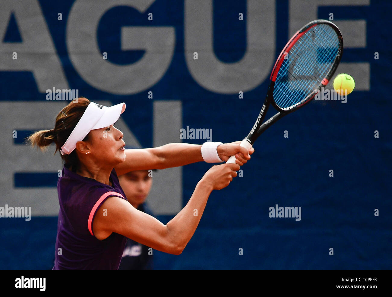 Prague, Czech Republic. 02nd May, 2019. Tennis player Wang Qiang of China in action during the match against Bernada Pera of USA in Prague Open women's tennis tournament, Czech Republic, May 2, 2019. Credit: Roman Vondrous/CTK Photo/Alamy Live News Stock Photo