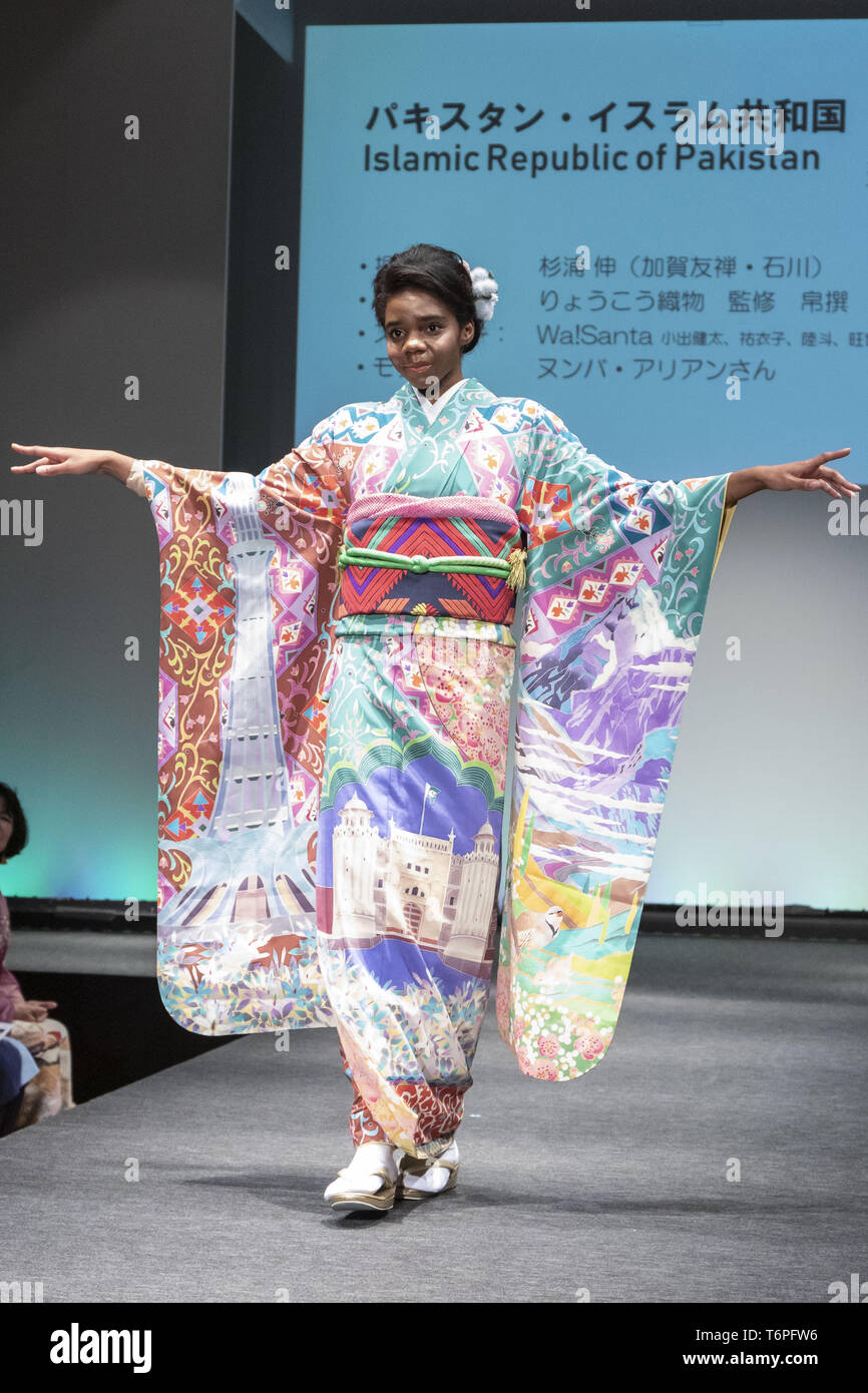 Tokyo, Japan. 2nd May, 2019. A model dressed up a Japanese kimono inspired  in the Islamic Republic of Pakistan walks on the runway during the Imagine  One World Kimono Project event in
