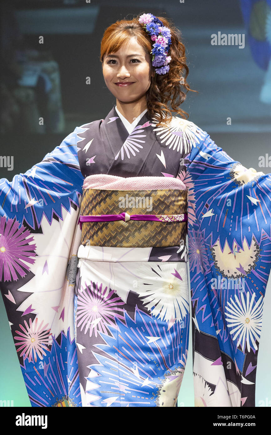 Tokyo, Japan. 2nd May, 2019. A model dressed up a Japanese kimono inspired  in the Republic of Estonia walks on the runway during the Imagine One World  Kimono Project event in Tokyo.