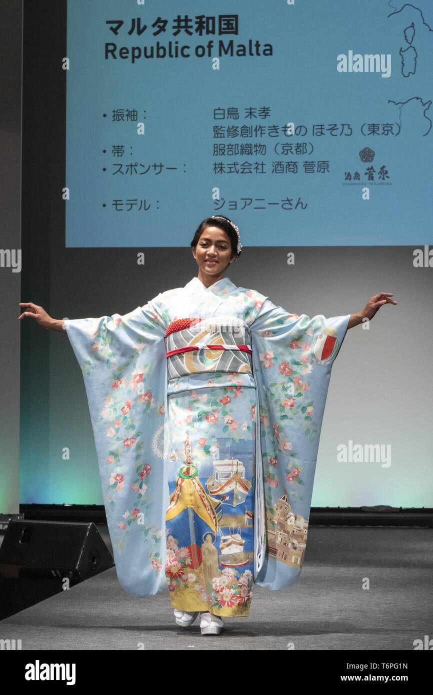 Tokyo, Japan. 2nd May, 2019. A model dressed up a Japanese kimono inspired  in the Republic of Malta walks on the runway during the Imagine One World  Kimono Project event in Tokyo.
