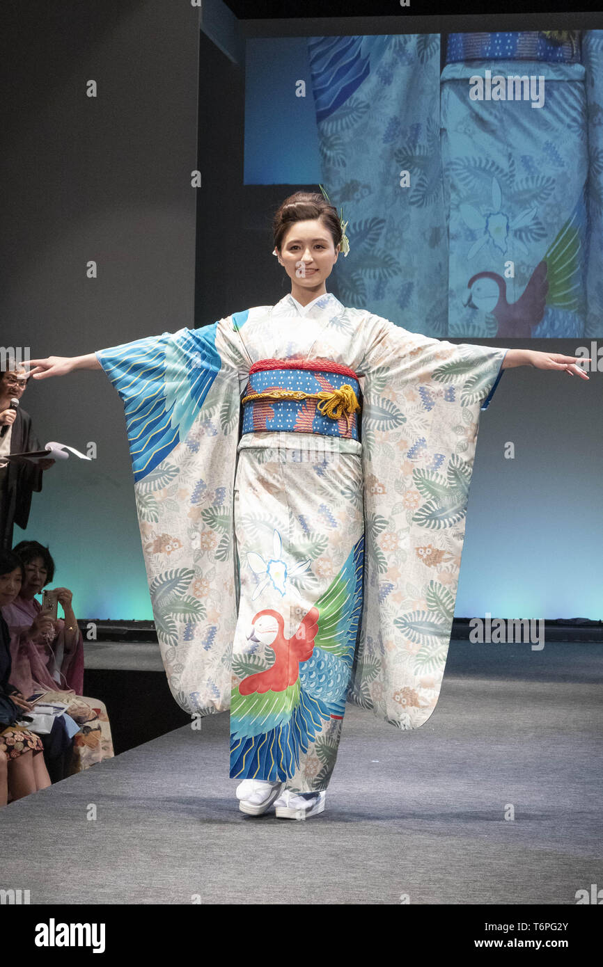 Tokyo, Japan. 2nd May, 2019. A dressed up a Japanese kimono in the Republic of Honduras walks on the runway the Imagine One World Project event in Tokyo.
