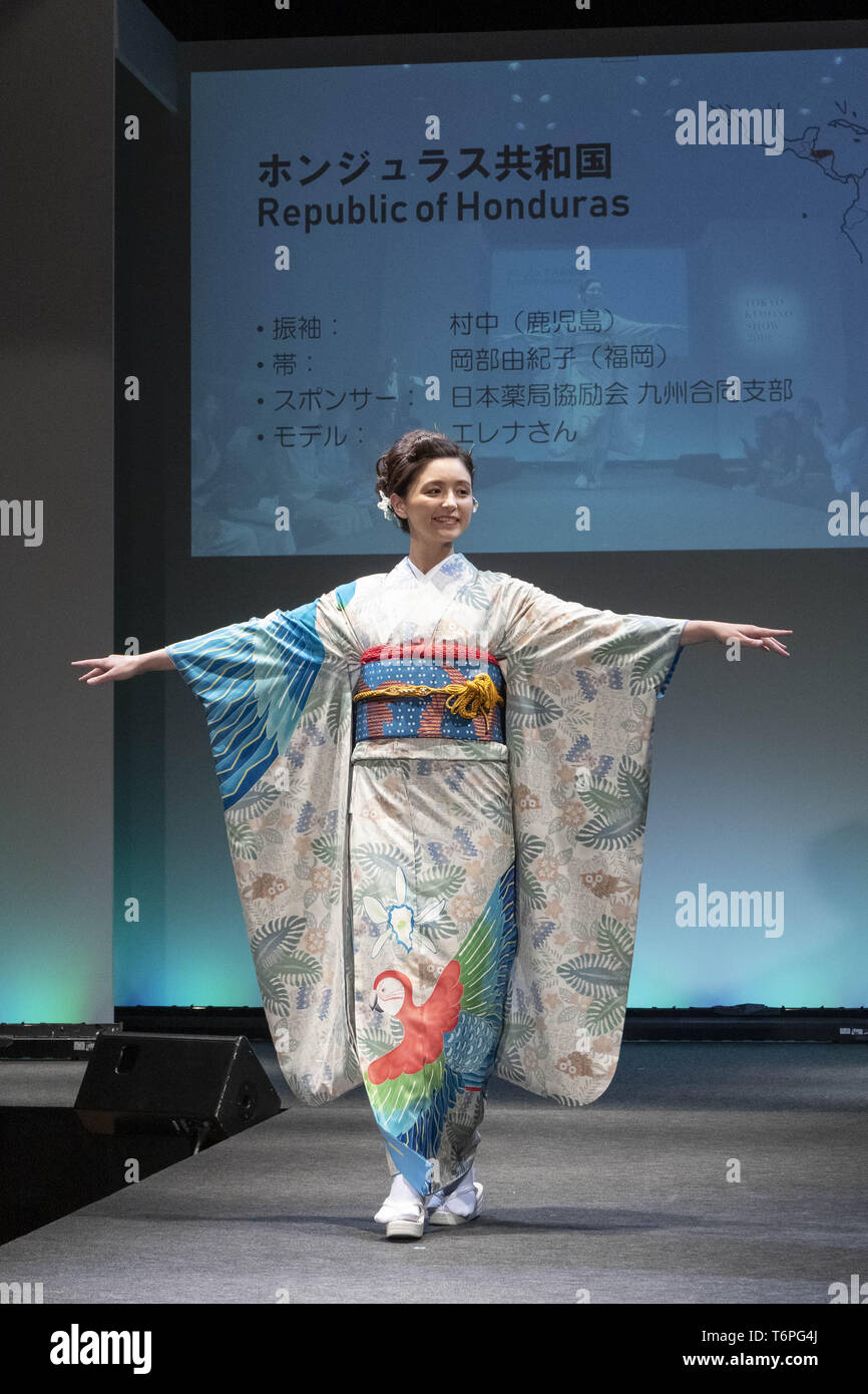 Tokyo, Japan. 2nd May, 2019. A model dressed up a Japanese kimono inspired  in the Republic of Honduras walks on the runway during the Imagine One  World Kimono Project event in Tokyo.