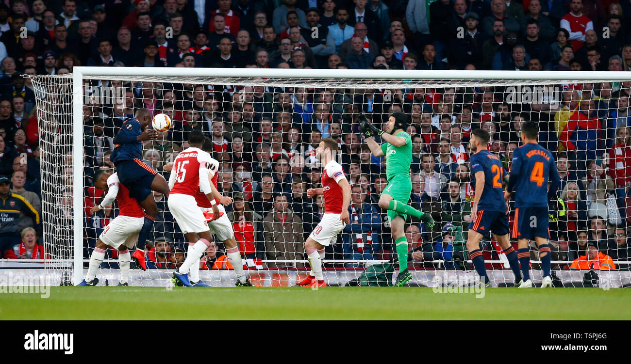 London, United Kingdom. 02 May, 2019 Mouctar Diakhaby of Valencia CF scores during UEFA Europa League Semi- Final 1st Leg  between Arsenal and Valencia at Emirates stadium , London, United Kingdom on 02nd May 2019.  Credit Action Foto Sport Stock Photo