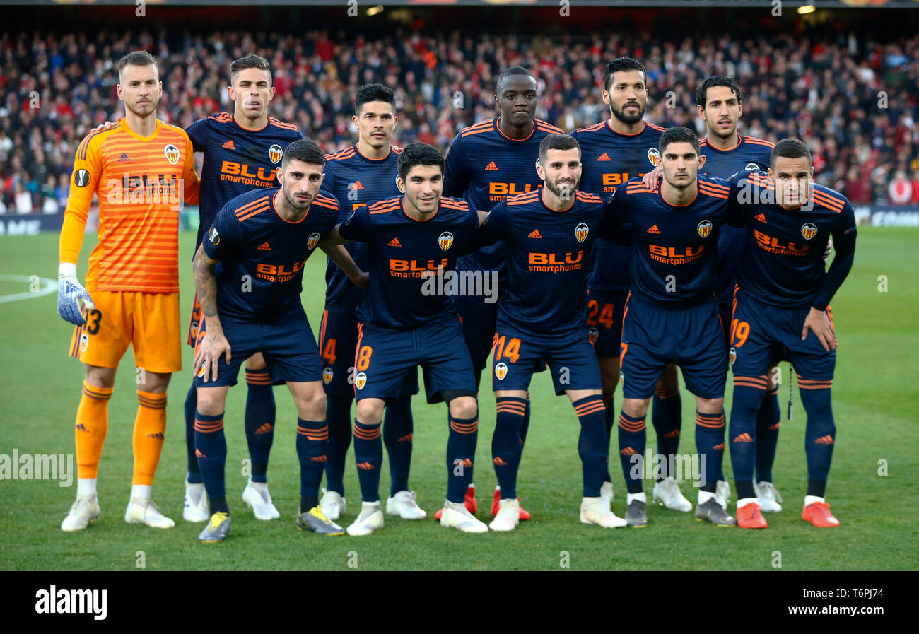 London, United Kingdom. 02 May, 2019  ValenciaTeam during UEFA Europa League Semi- Final 1st Leg  between Arsenal and Valencia at Emirates stadium , London, United Kingdom on 02nd May 2019.  Credit Action Foto Sport Stock Photo