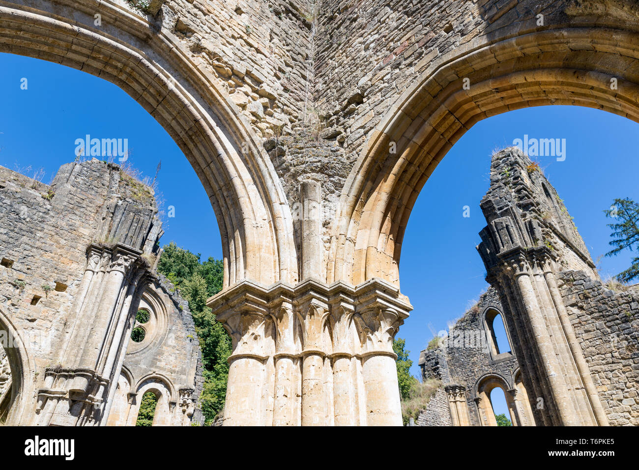 Ruins Orval Abbey in Belgian Ardennes. Stock Photo