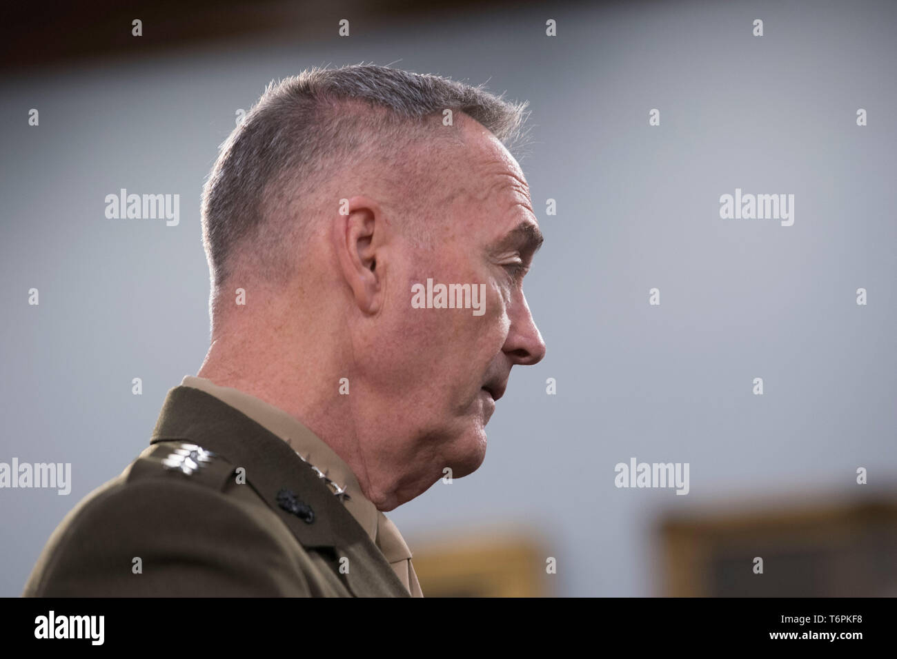 The chairman of the Joint Chiefs of Staff, Marine Corps Gen. Joseph F. Dunford Jr, is seen before the start a budget hearing with the House Appropriations Defense Subcommittee, Washington, D.C., May 1, 2019. (DoD photo by Lisa Ferdinando) Stock Photo