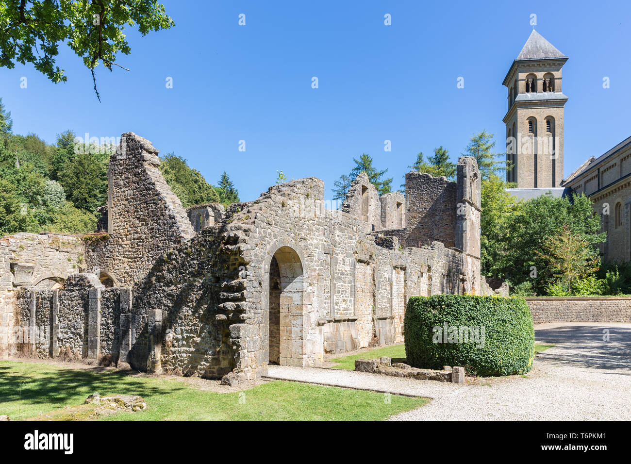 Ruins Orval Abbey in Belgian Ardennes. Stock Photo