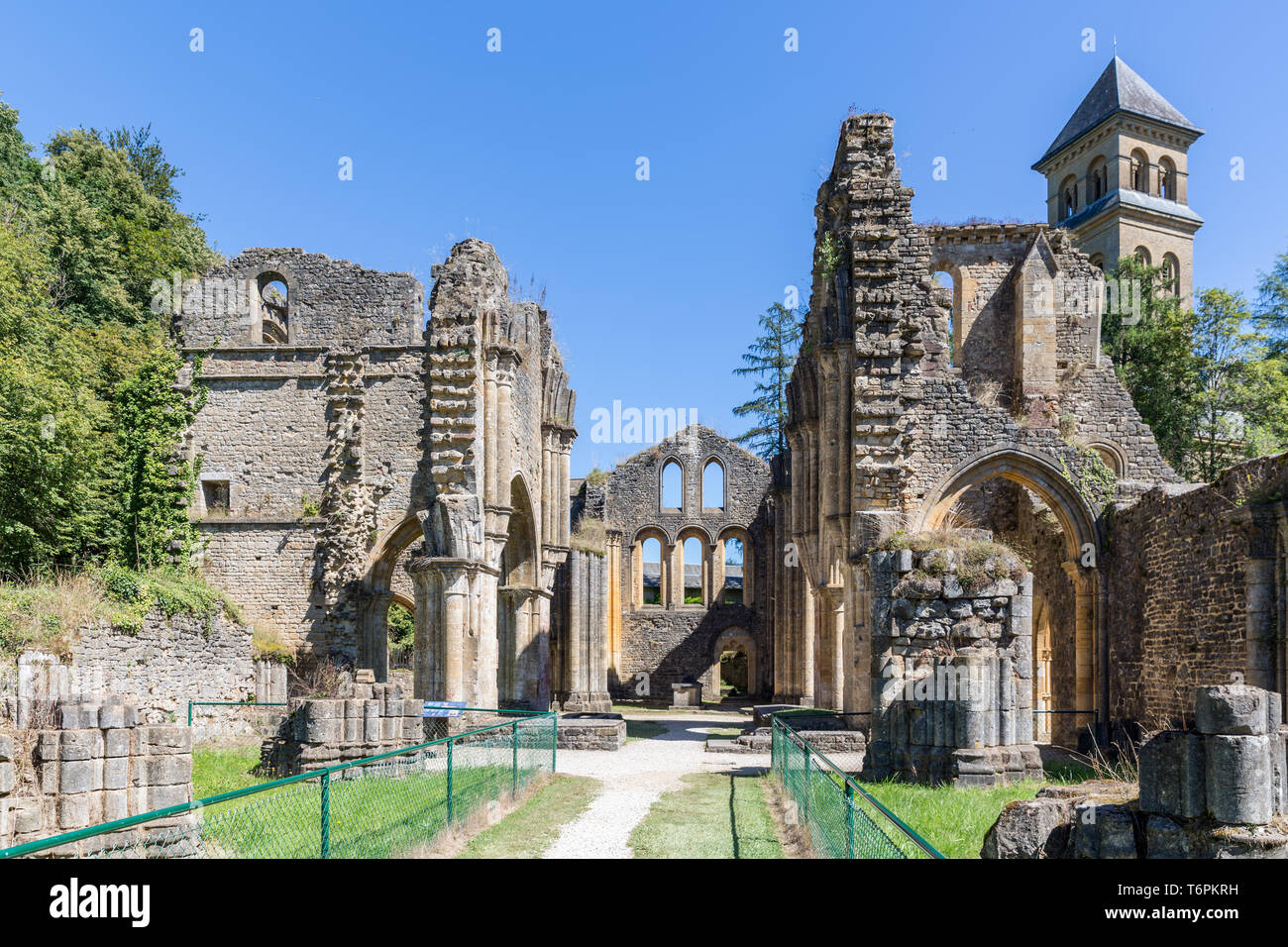 Ruins Orval Abbey in Belgian Ardennes. Stock Photo