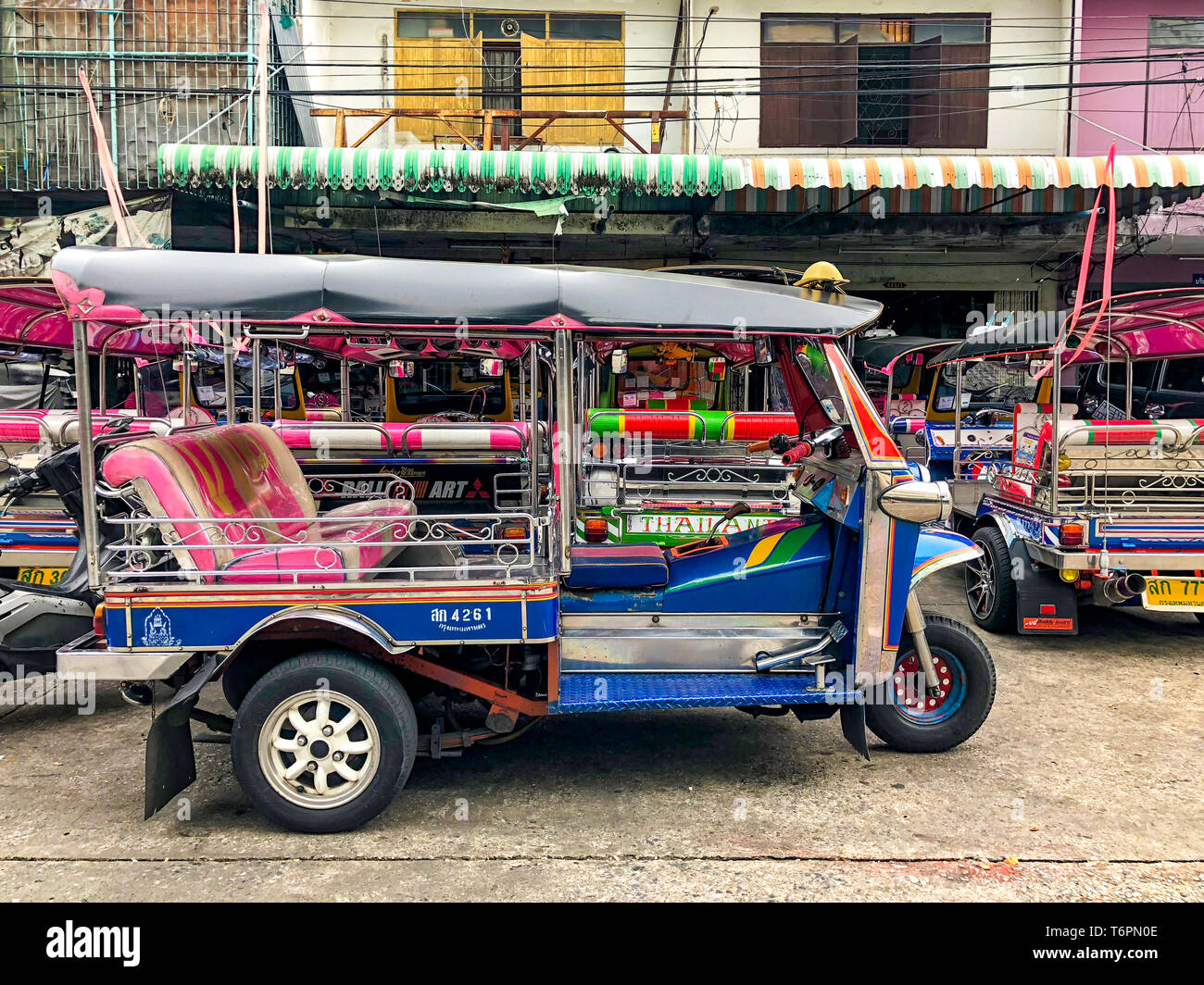 Bangkok, Thailand - 29 Aug, 2018: Thailand Taxi called 'Tuk Tuk' or 'Sam Lor', it has 3 wheels and drive around Bangkok, Thailand. Stock Photo
