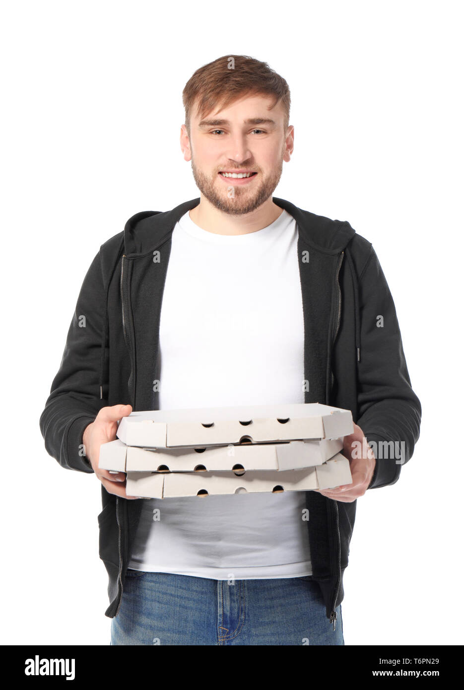 Young man with cardboard pizza boxes on white background. Food delivery service Stock Photo Alamy