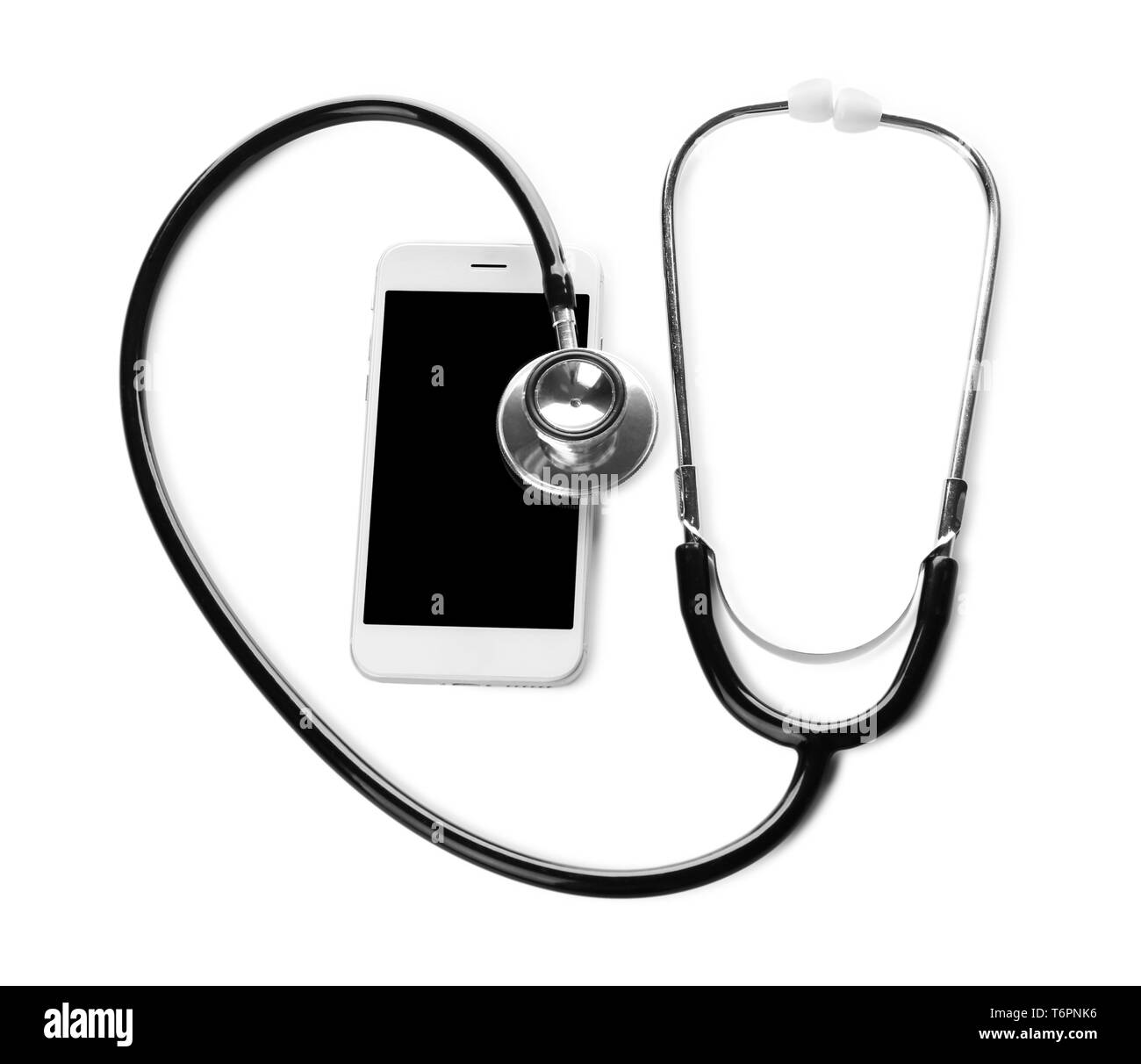 Medical stethoscope with phone on white background. Health care concept