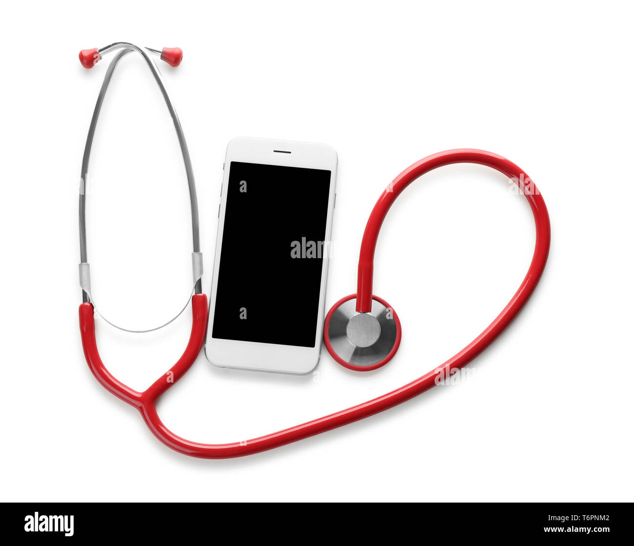 Medical stethoscope with phone on white background. Health care concept