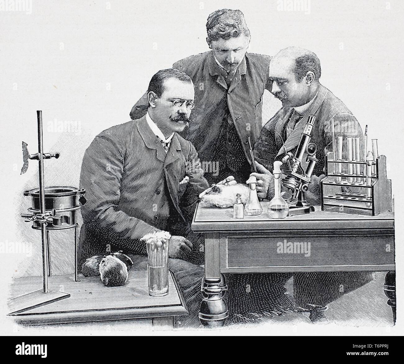 Emil Adolf Behring, 1854-1917, German immunologist, with his assistants in the lab, 1890, historical illustration, Germany Stock Photo