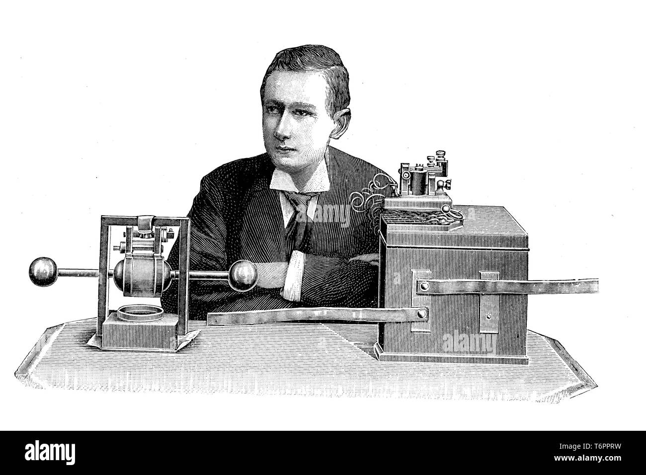 Guglielmo Marconi demonstrating apparatus he used in his first long distance radio transmissions in the 1890, historical illustration, Italy Stock Photo