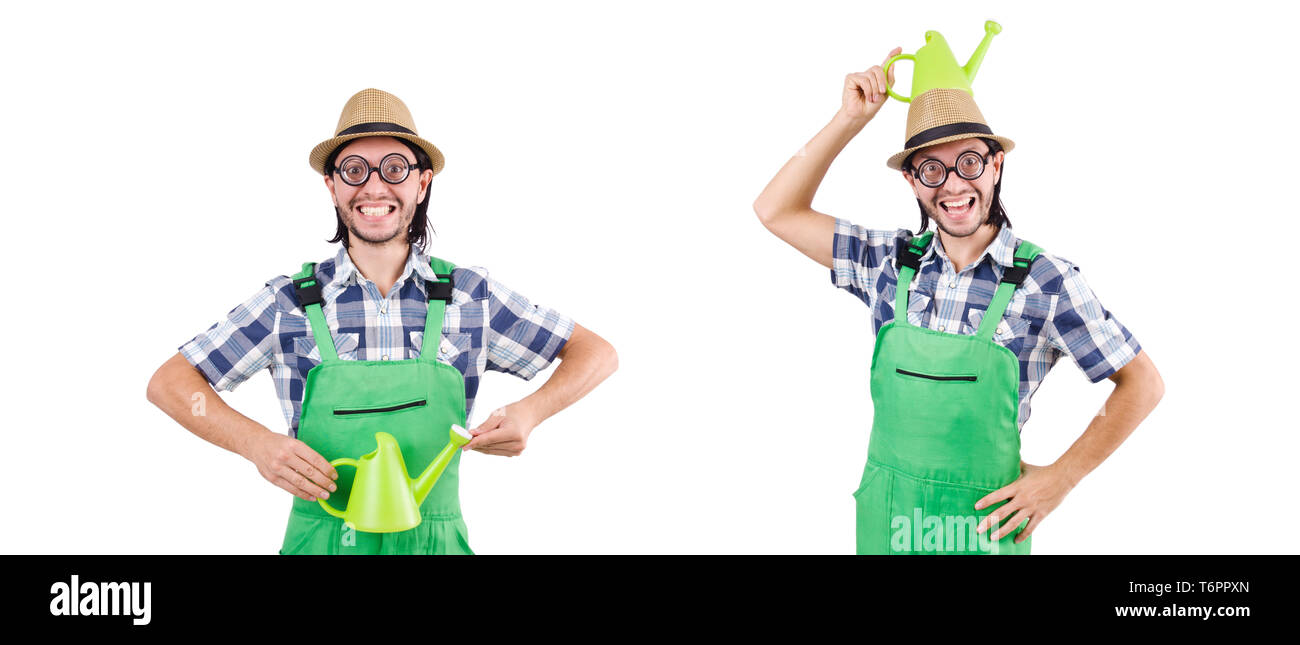 Young cheerful gardener with watering can isolated on white Stock Photo ...