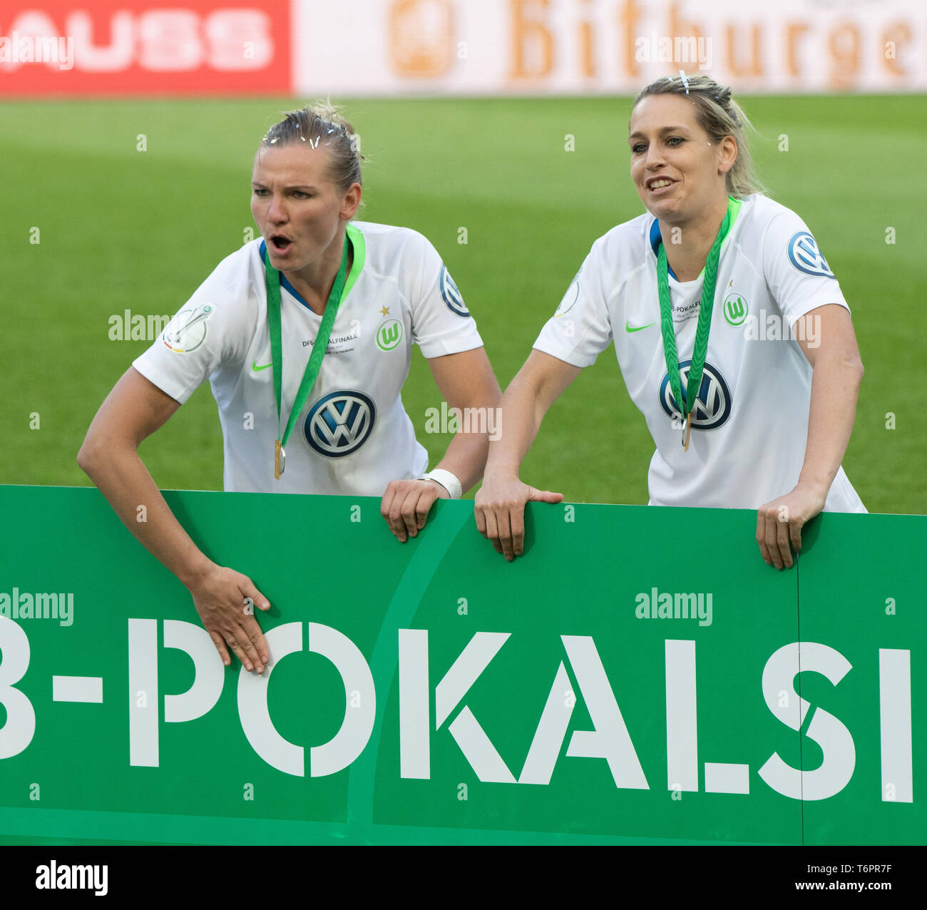 Cologne, Germany May1 2019, women football cup final, VFL Wolfsburg vs SC Freiburg: Alexandra Popp, Lena Goessling (Wolfsburg) celebrate.    DFB REGUL Stock Photo