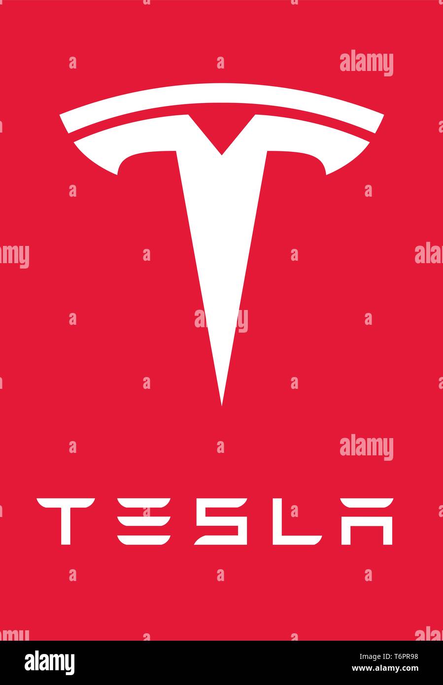 White Tesla logo, corporate identity, lettering, optional, red background, Germany Stock Photo