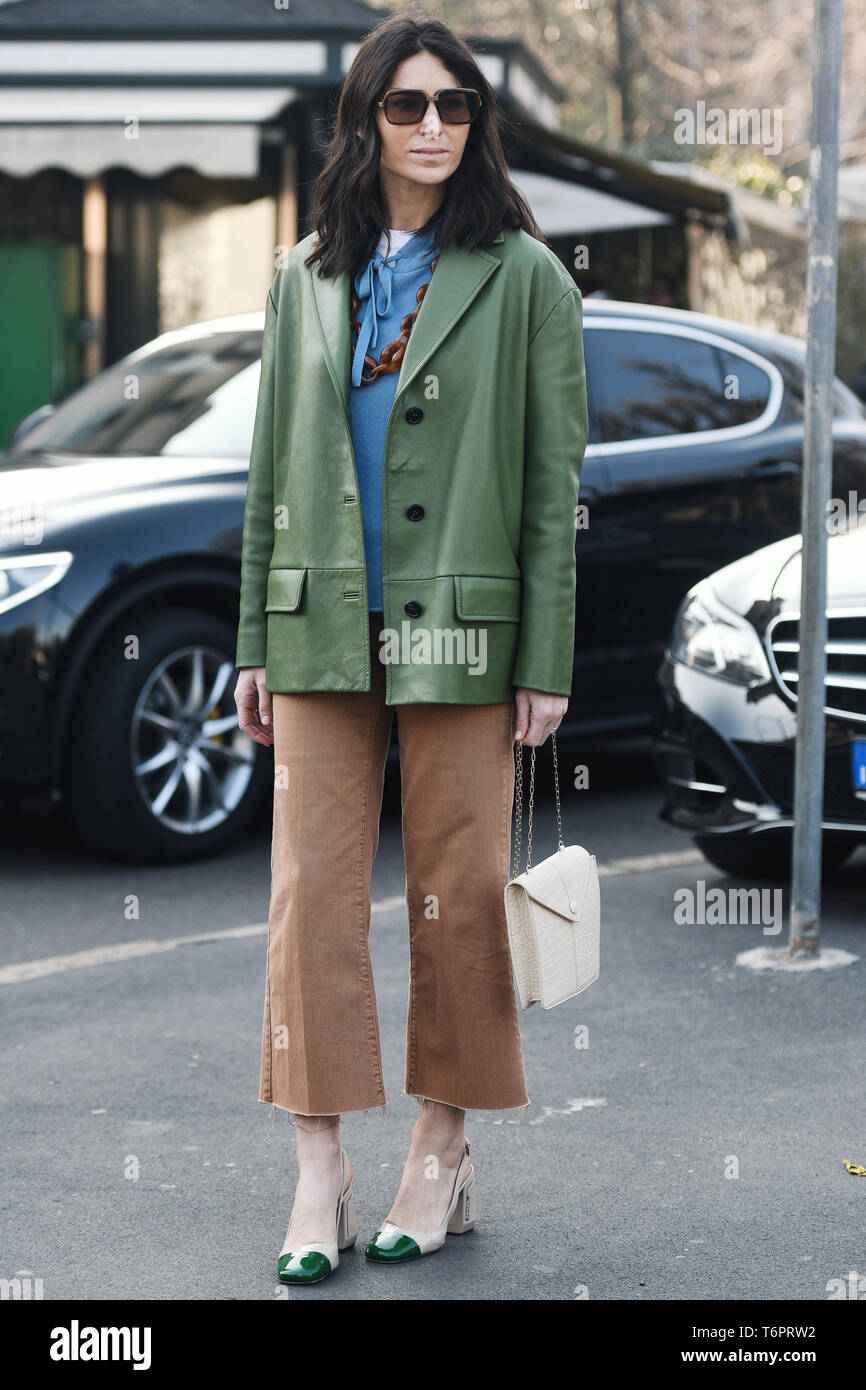 Milan, Italy - February 22, 2019: Street style – Woman wearing Prada shoes  before a fashion show during Milan Fashion Week - MFWFW19 Stock Photo -  Alamy