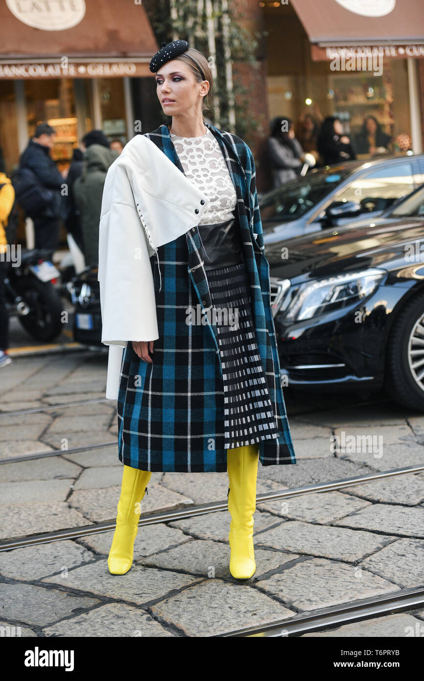 Milan, Italy - February 22, 2019: Street style – Influencer Landiana Cerciu after Stock Photo