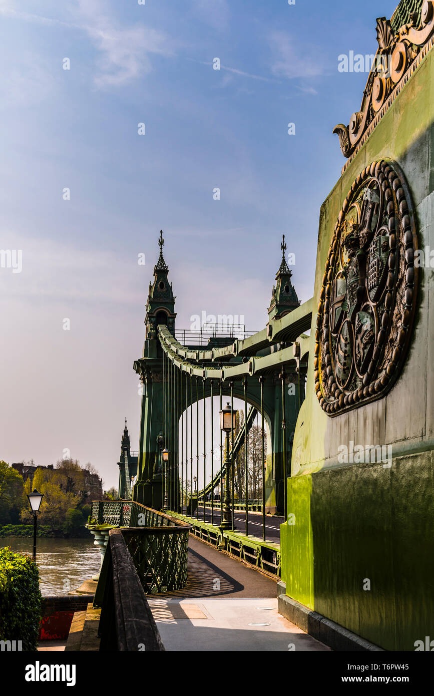 Towers and end anchorage at Hammersmith Bridge, London, UK Stock Photo