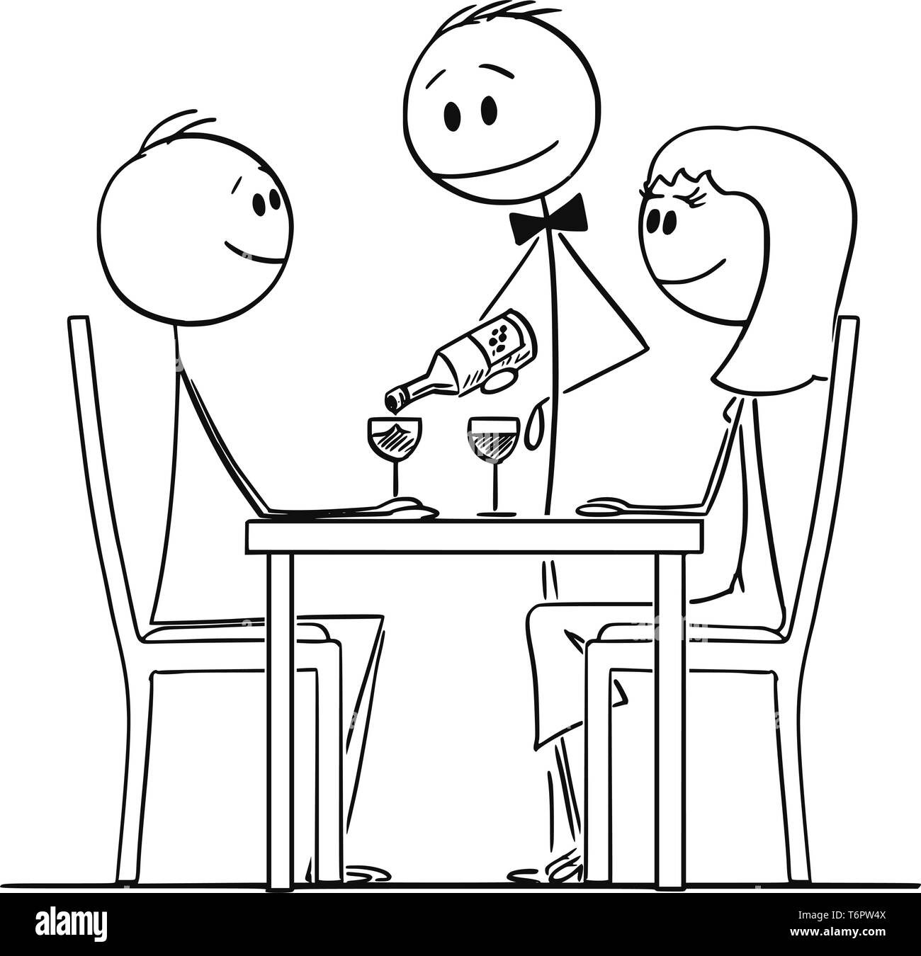 Cartoon stick figure drawing conceptual illustration of loving couple of man and woman sitting behind table in restaurant and watching waiter pouring wine in glasses. Stock Vector