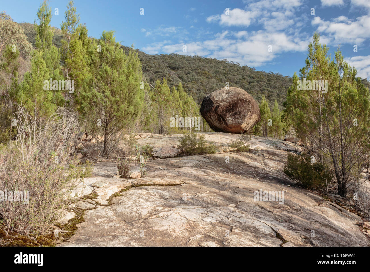The boulder on top of Cypress Pine Lookout at Namadgi National Park, Canberra, Australia on a morning in April 2019 Stock Photo